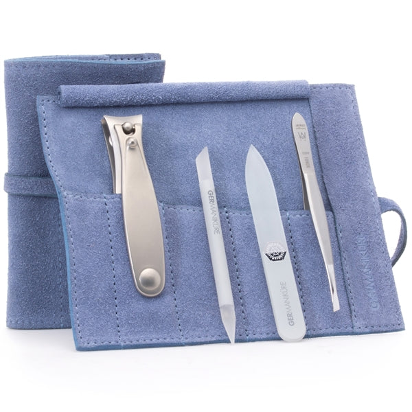 GERMANIKURE 4pc Manicure Set in Suede Case- FINOX® Stainless Steel: Fingernail  Clipper, Tweezer, Glass Cuticle Stick and Nail File