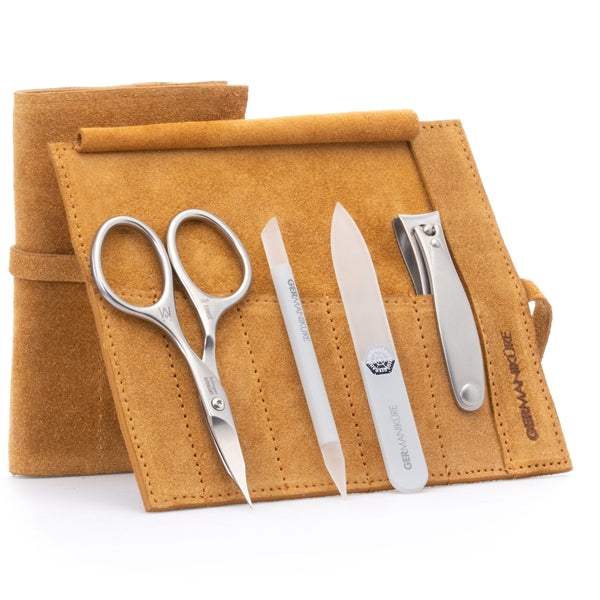 "GERMANIKURE" 4pc Manicure Set in Suede Case- FINOX® Stainless Steel: Combination Scissors, Nail Clipper, Glass Cuticle Stick and Nail File