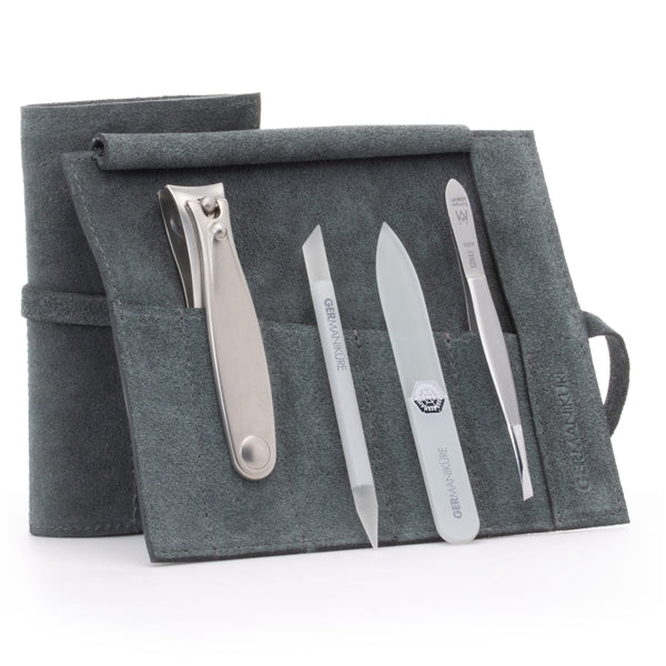 GERMANIKURE 4pc Manicure Set in Suede Case- FINOX® Stainless Steel: Fingernail  Clipper, Tweezer, Glass Cuticle Stick and Nail File