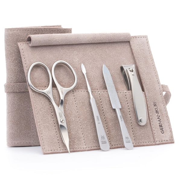 GERMANIKURE - Manicure Set in Suede Case - 4pc - FINOX® Stainless Steel: Combination Scissors, Nail Clipper, Nail Cleaner and Sapphire Nail File