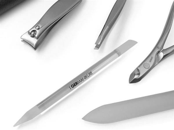 5pcs Manicure Set German FINOX® Surgical Stainless Steel: Cuticle Nippers, Clippers, Tweezers, Glass Nail File and Stick - Matte