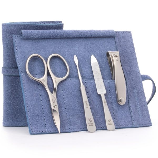 GERMANIKURE - Manicure Set in Suede Case - 4pc - FINOX® Stainless Steel: Combination Scissors, Nail Clipper, Nail Cleaner and Sapphire Nail File