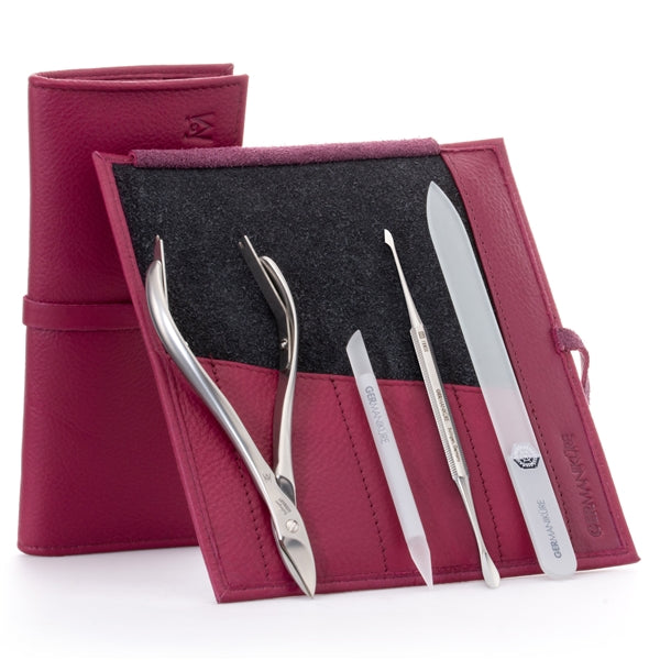 GERMANIKURE 4pc Manicure Set in Leather Case - FINOX® Stainless Steel: Toenail Nissors, Pusher & Cleaner, Glass Cuticle Stick and Nail File