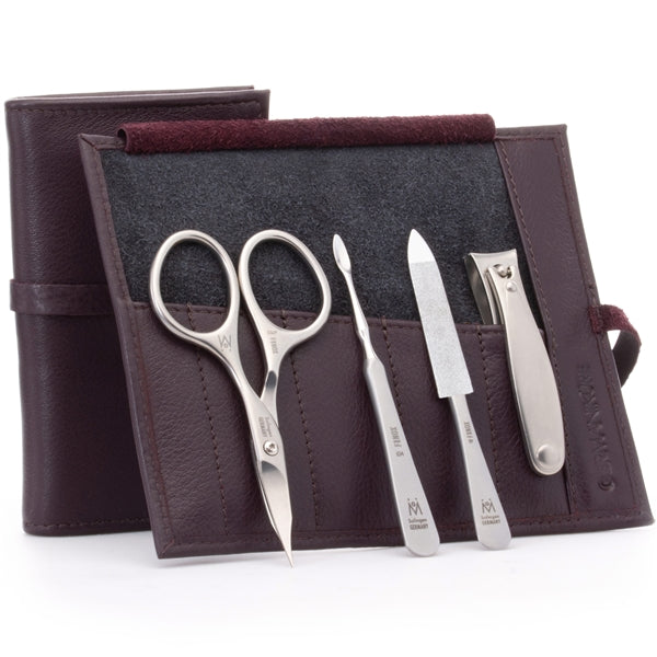 GERMANIKURE 4pc Manicure Set in Leather Case - FINOX® Stainless Steel - Combination Scissors, Nail Clipper, Nail Cleaner and Sapphire Nail File