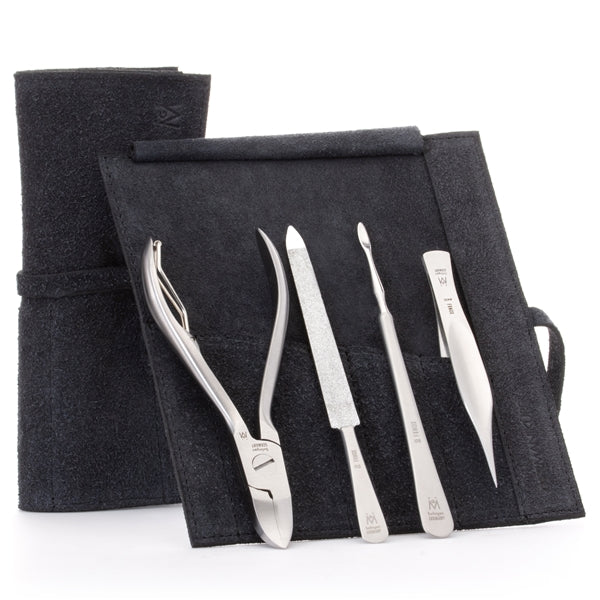 GERMANIKURE 4pc Manicure Set in Suede Case - FINOX - Stainless Steel: Toenail Nipper, Cleaner, Pointed Tweezer and Sapphire Nail File