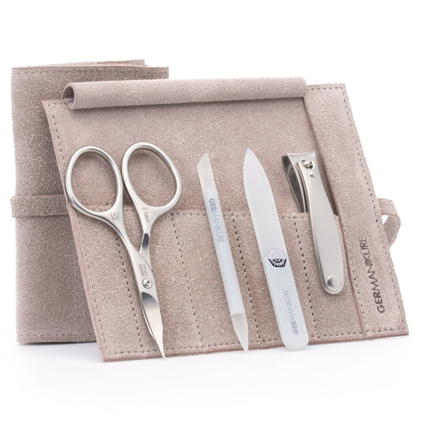 "GERMANIKURE" 4pc Manicure Set in Suede Case- FINOX® Stainless Steel: Combination Scissors, Nail Clipper, Glass Cuticle Stick and Nail File