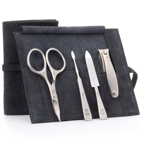 GERMANIKURE - Manicure Set in Suede Case - 4pc - FINOX® Stainless Steel: Combination Scissors, Nail Clipper, Nail Cleaner and Sapphire Nail File