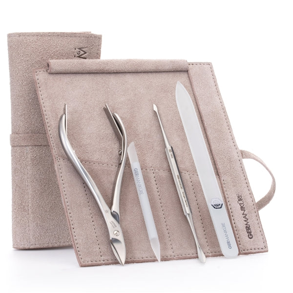 GERMANIKURE 4pc Manicure Set in Suede Case- FINOX® Stainless Steel: Toenail Nissors, Pusher & Cleaner, Glass Cuticle Stick and Nail File