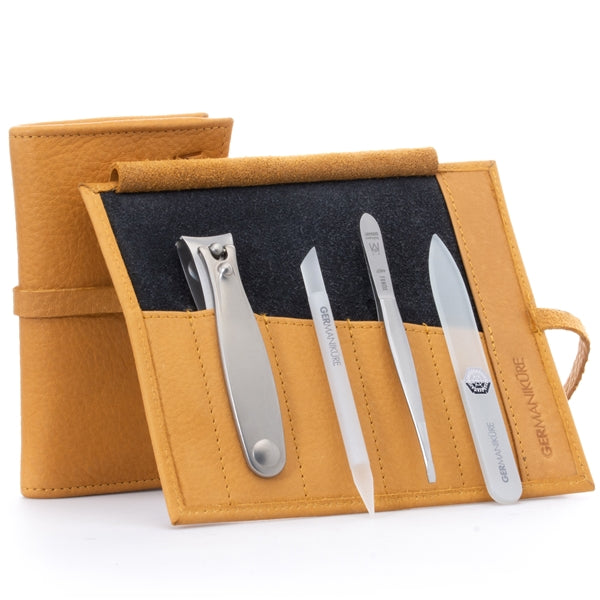 GERMANIKURE 4pc Manicure Set in Leather Case- FINOX® Stainless Steel: Toenail Clipper, Tweezer, Glass Cuticle Stick and Nail File