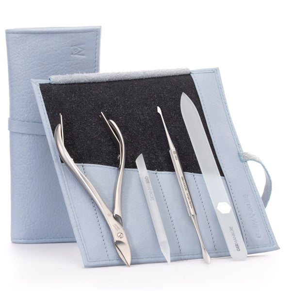 GERMANIKURE 4pc Manicure Set in Leather Case - FINOX® Stainless Steel: Toenail Nissors, Pusher & Cleaner, Glass Cuticle Stick and Nail File
