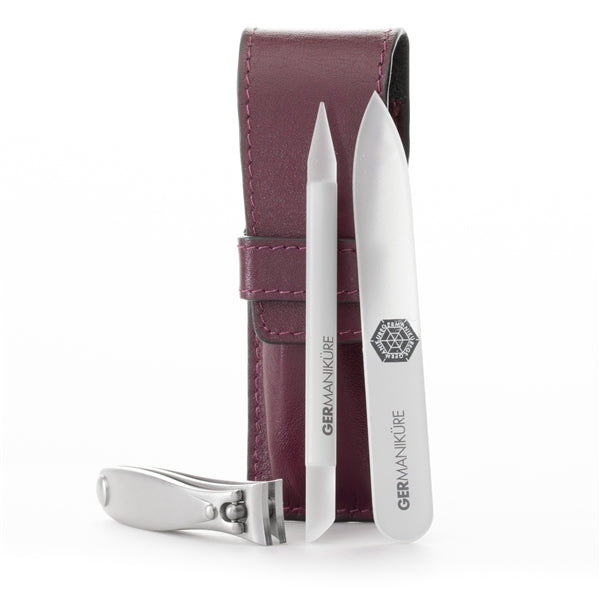 3pcs Travel Manicure Set - German FINOX® Surgical Stainless Steel: Fingernail Clipper, Glass Nail File and Cuticle Stick
