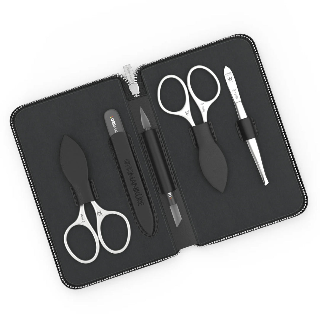 5 Piece Manicure Set in Zipper Case: 2 Scissors, Glass File, Cuticle Stick, and Tweezer