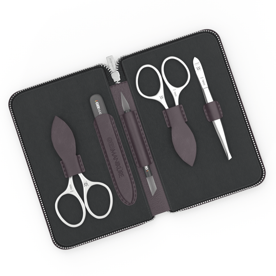 5 Piece Manicure Set in Zipper Case: 2 Scissors, Glass File, Cuticle Stick, and Tweezer