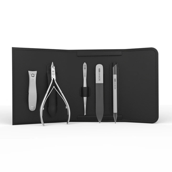 5 Piece Manicure Set in Magnet Case: Clipper, Nipper, Tweezer, Glass File, and Cuticle Stick