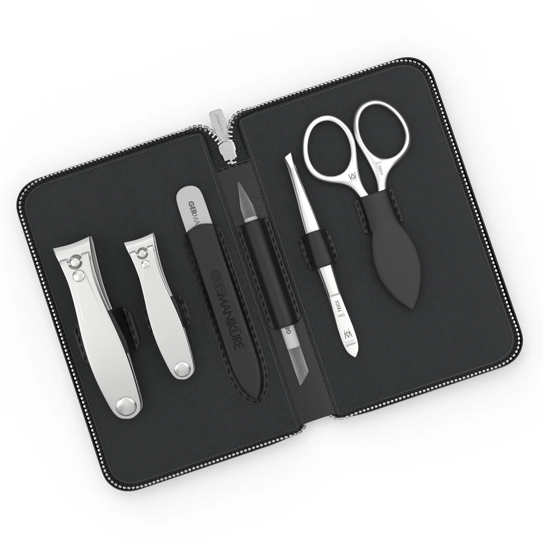 6 Piece Manicure Set in Zipper Case: 2 Clipper, Cuticle Scissors, Glass File, Cuticle Stick, and Tweezer