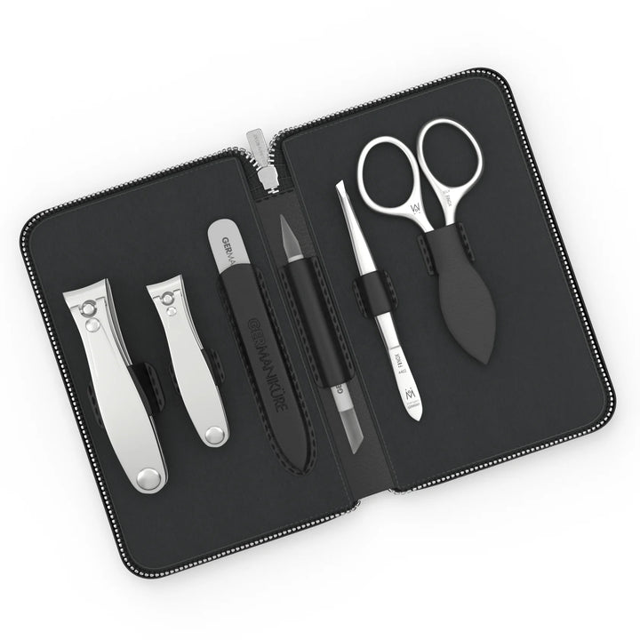 6 Piece Manicure Set in Zipper Case: 2 Clipper, Cuticle Scissors, Glass File, Cuticle Stick, and Tweezer