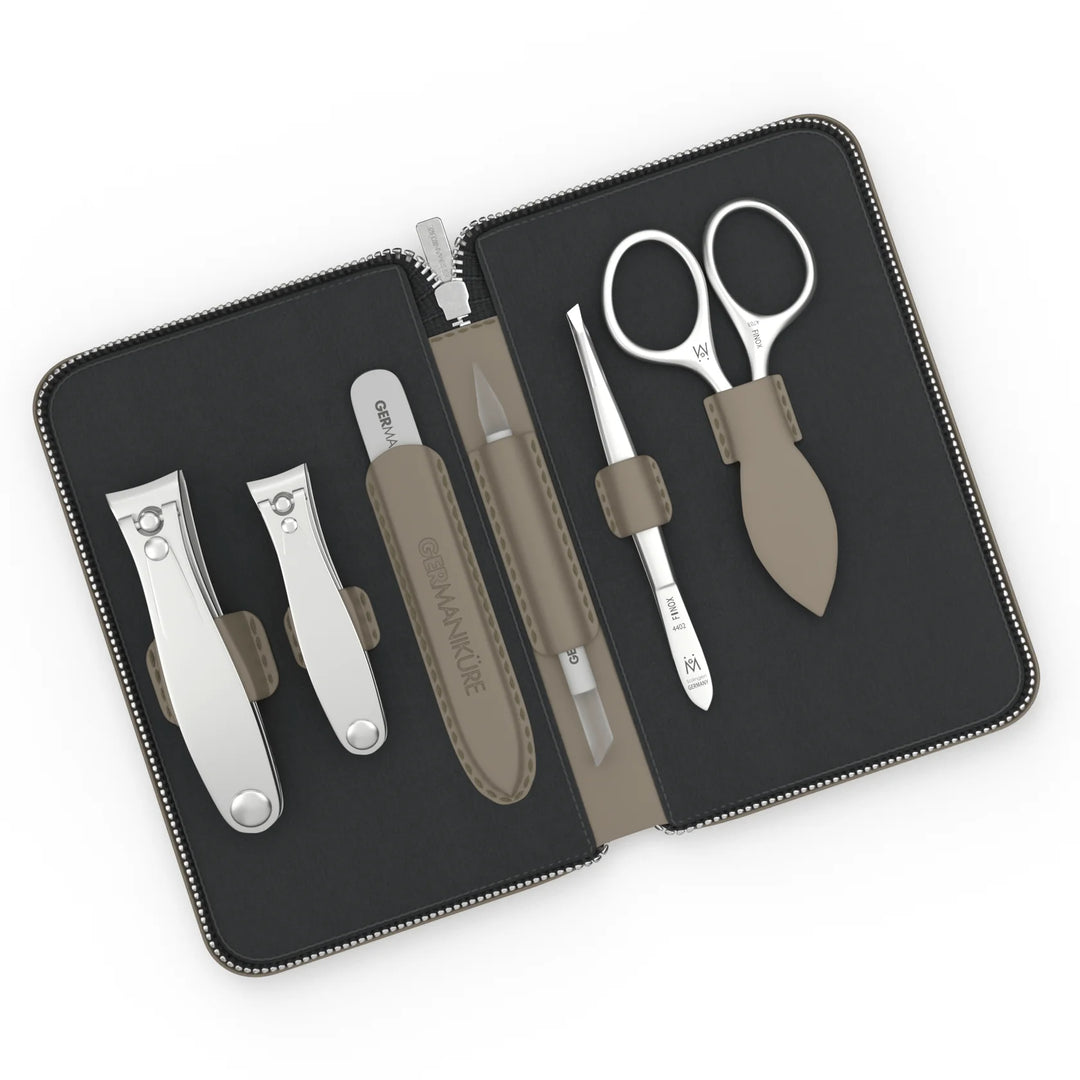 6 Piece Manicure Set in Zipper Case: 2 Clipper, Cuticle Scissors, Glass File, Cuticle Stick, and Tweezer