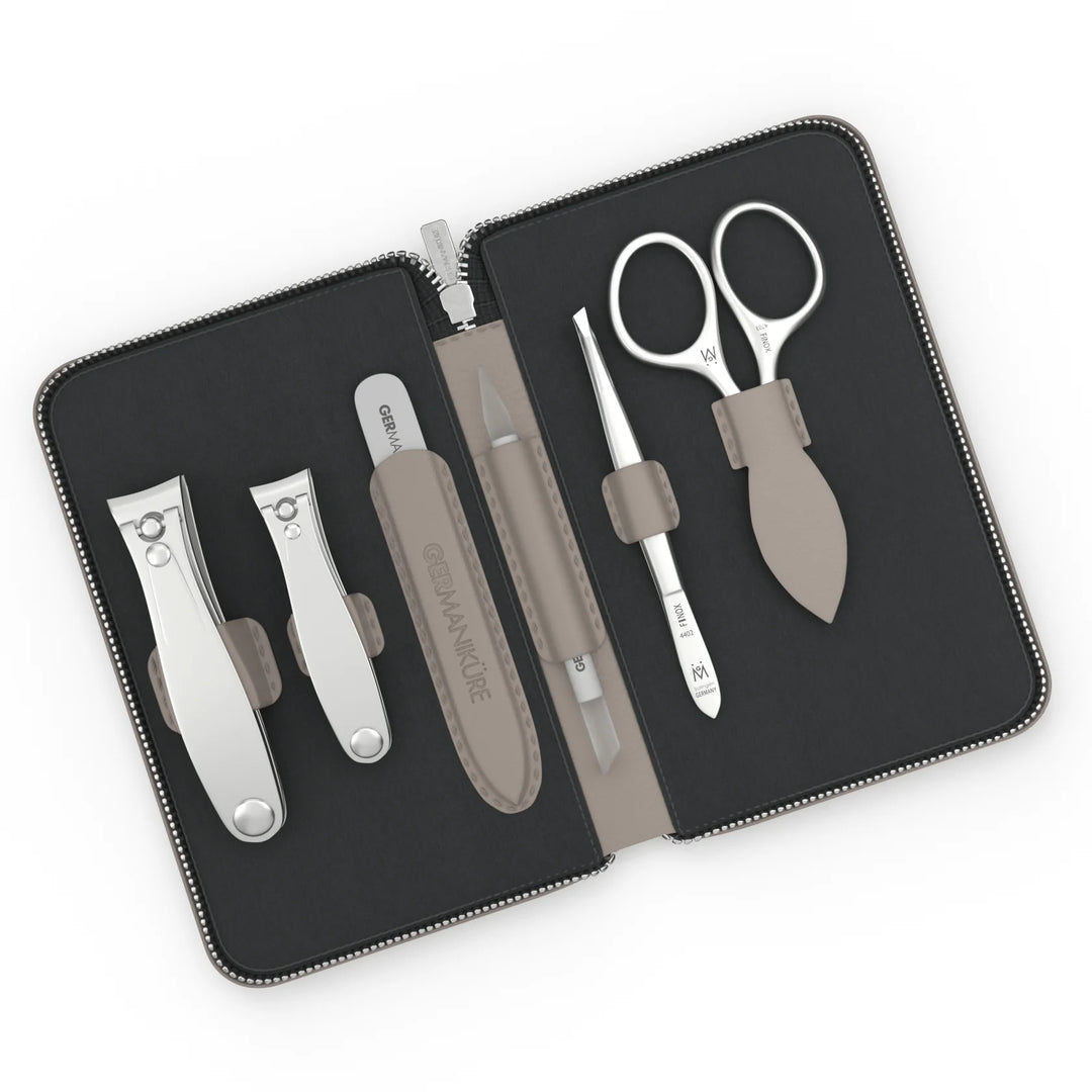 6 Piece Manicure Set in Zipper Case: 2 Clipper, Cuticle Scissors, Glass File, Cuticle Stick, and Tweezer