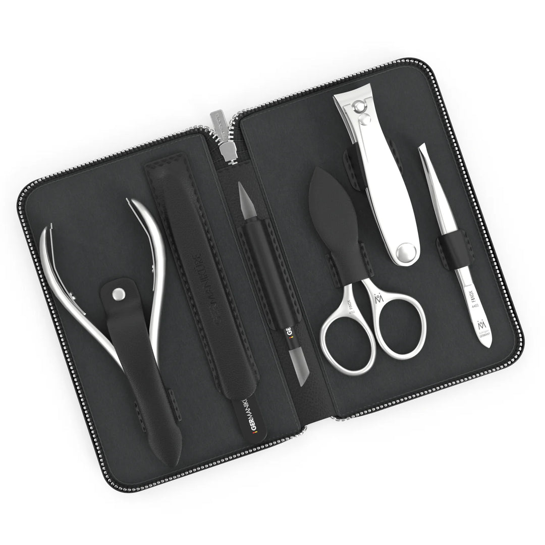 6 Piece Manicure Set in Zipper Case: Clipper, Combination Scissors, Cuticle Nipper, Glass File, Cuticle Stick, and Tweezer