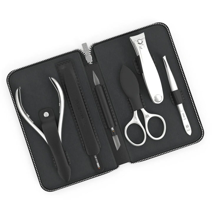 6 Piece Manicure Set in Zipper Case: Clipper, Combination Scissors, Cuticle Nipper, Glass File, Cuticle Stick, and Tweezer