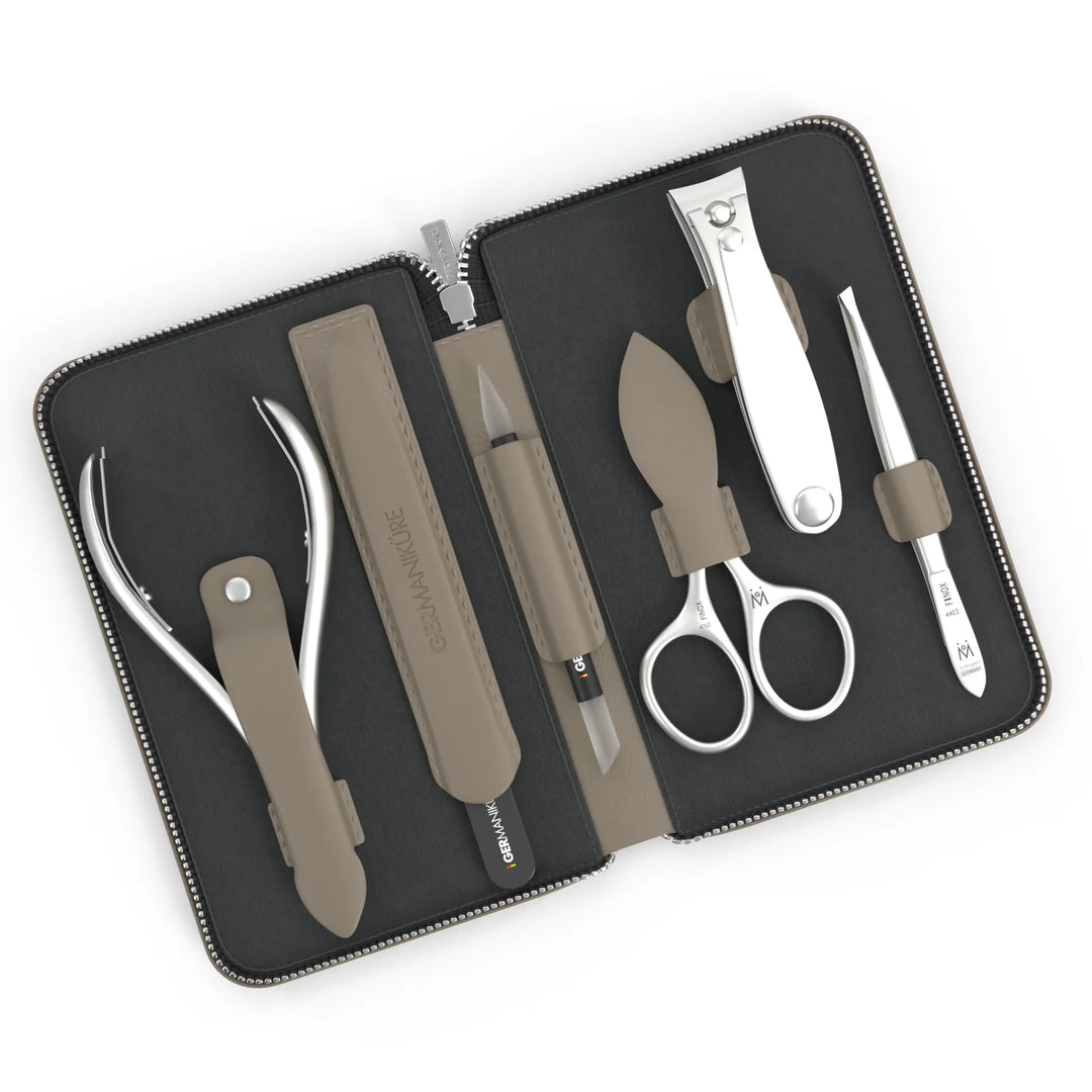 6 Piece Manicure Set in Zipper Case: Clipper, Combination Scissors, Cuticle Nipper, Glass File, Cuticle Stick, and Tweezer