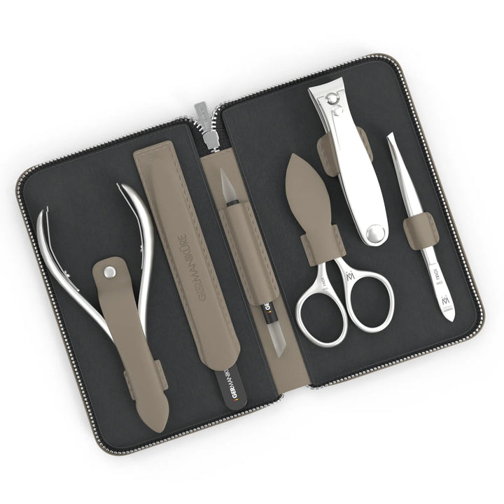 6 Piece Manicure Set in Zipper Case: Clipper, Combination Scissors, Cuticle Nipper, Glass File, Cuticle Stick, and Tweezer