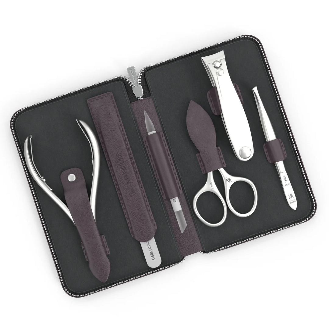 6 Piece Manicure Set in Zipper Case: Clipper, Combination Scissors, Cuticle Nipper, Glass File, Cuticle Stick, and Tweezer