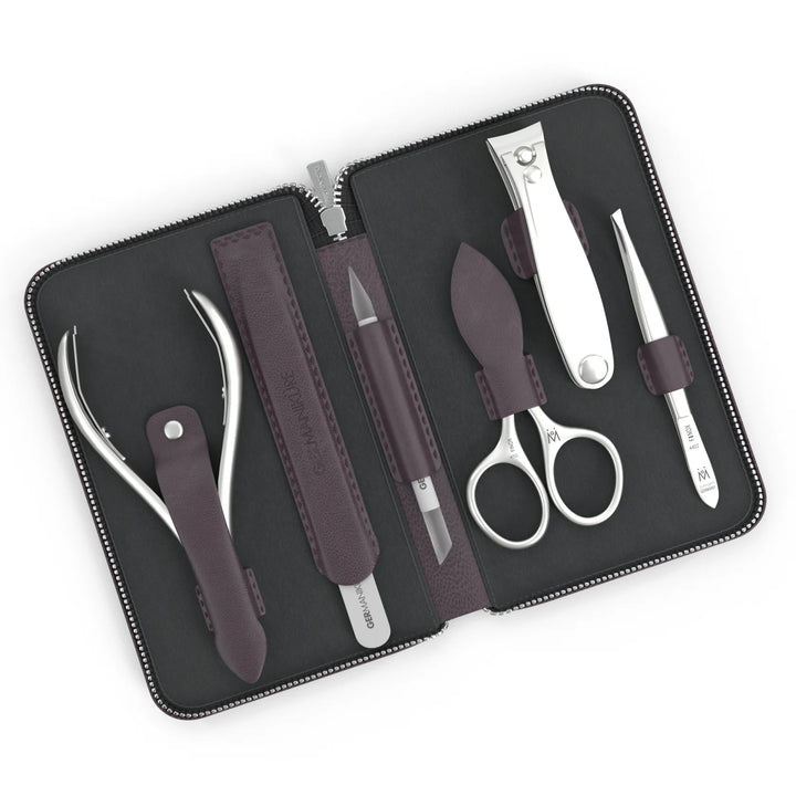 6 Piece Manicure Set in Zipper Case: Clipper, Combination Scissors, Cuticle Nipper, Glass File, Cuticle Stick, and Tweezer