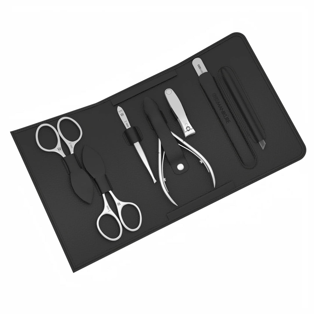 7 Piece Manicure Set in Magnet Case: Cuticle Nipper, Cuticle Scissor, Small Clipper, Nail Scissor, Glass File, Cuticle Stick, and Slanted Tweezer