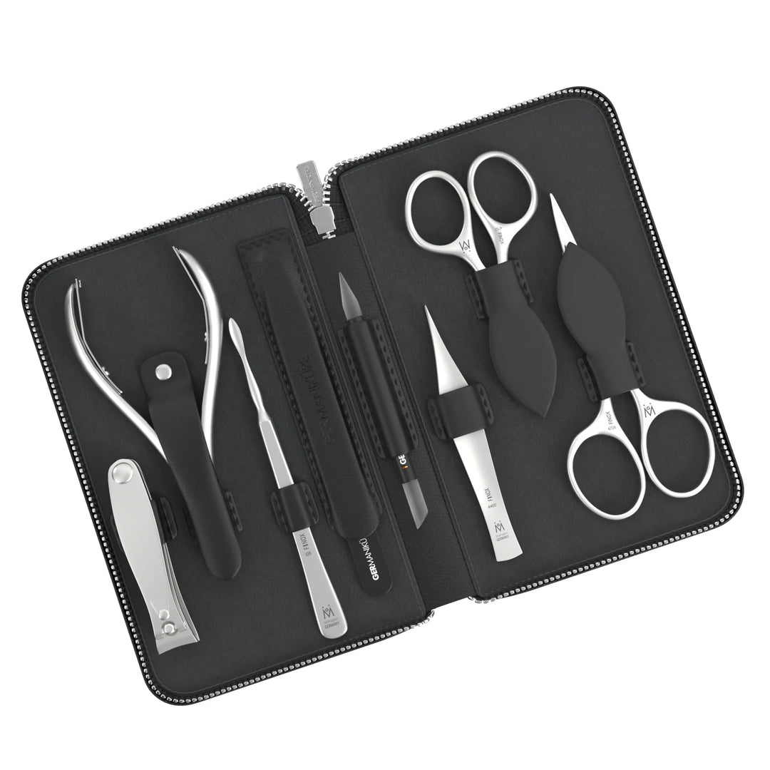 8 Piece Manicure and Grooming Set in Zipper Case: 2 Scissor, Clipper, Nipper, Nail Cleaner, Glass File, Cuticle Stick, and Tweezer