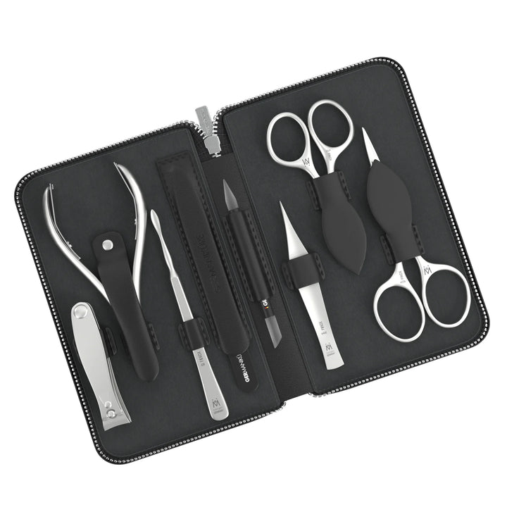 8 Piece Manicure and Grooming Set in Zipper Case: 2 Scissor, Clipper, Nipper, Nail Cleaner, Glass File, Cuticle Stick, and Tweezer