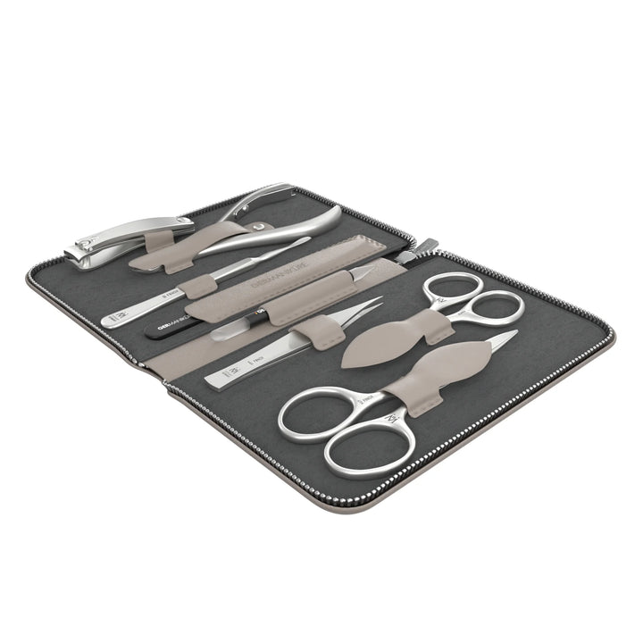 8 Piece Manicure and Grooming Set in Zipper Case: 2 Scissor, Clipper, Nipper, Nail Cleaner, Glass File, Cuticle Stick, and Tweezer