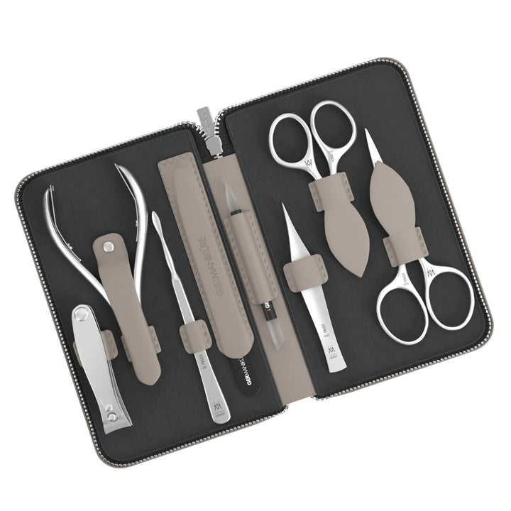8 Piece Manicure and Grooming Set in Zipper Case: 2 Scissor, Clipper, Nipper, Nail Cleaner, Glass File, Cuticle Stick, and Tweezer