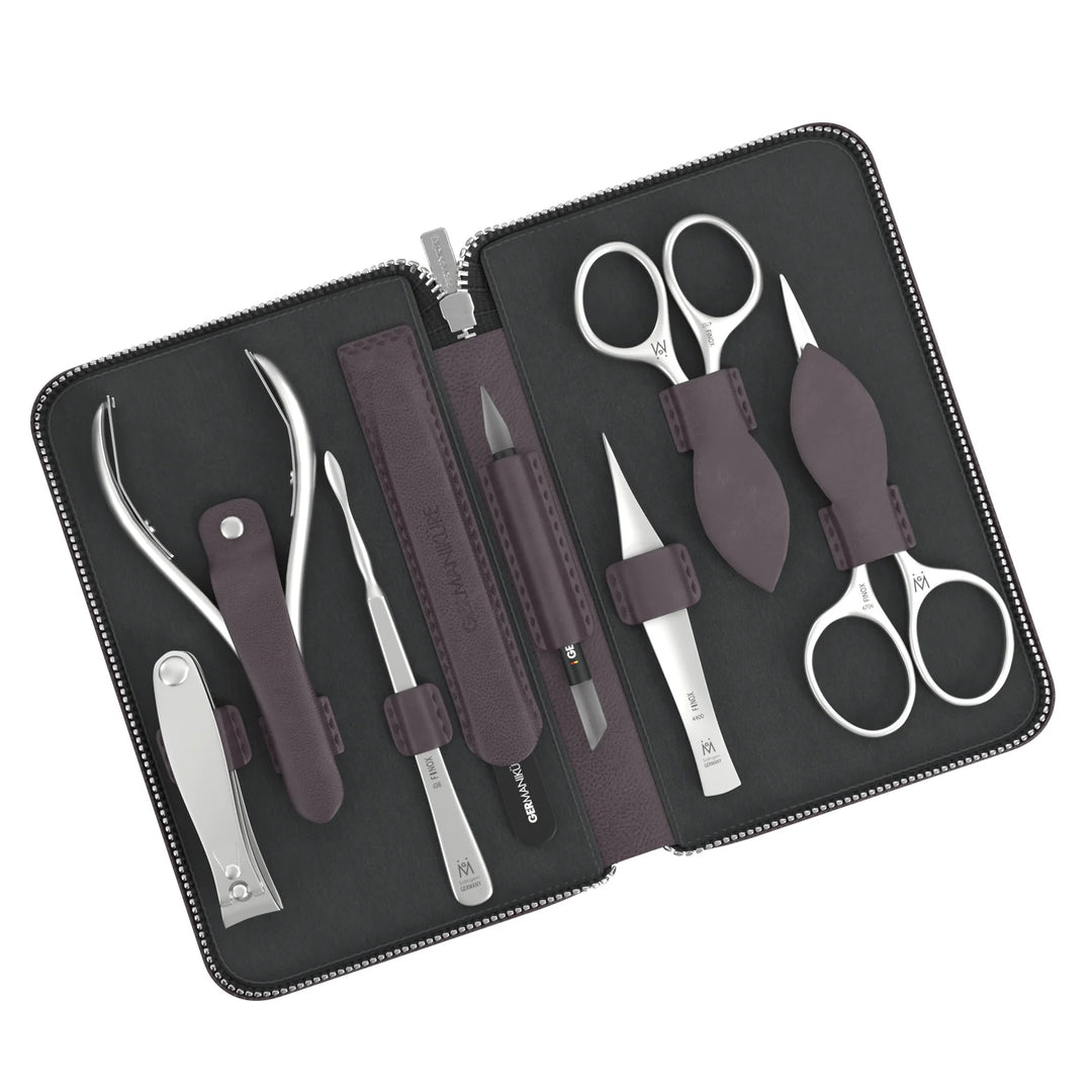 8 Piece Manicure and Grooming Set in Zipper Case: 2 Scissor, Clipper, Nipper, Nail Cleaner, Glass File, Cuticle Stick, and Tweezer