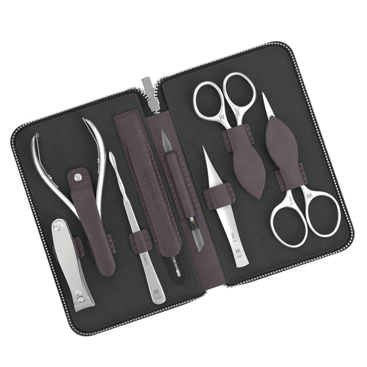 8 Piece Manicure and Grooming Set in Zipper Case: 2 Scissor, Clipper, Nipper, Nail Cleaner, Glass File, Cuticle Stick, and Tweezer