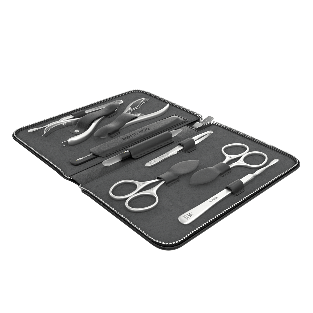 9 Piece Manicure Set in Zipper Case: 2 Scissor, 2 Nipper, Nail Cleaner, Cuticle Pusher, Glass File, Cuticle Stick, and Tweezer