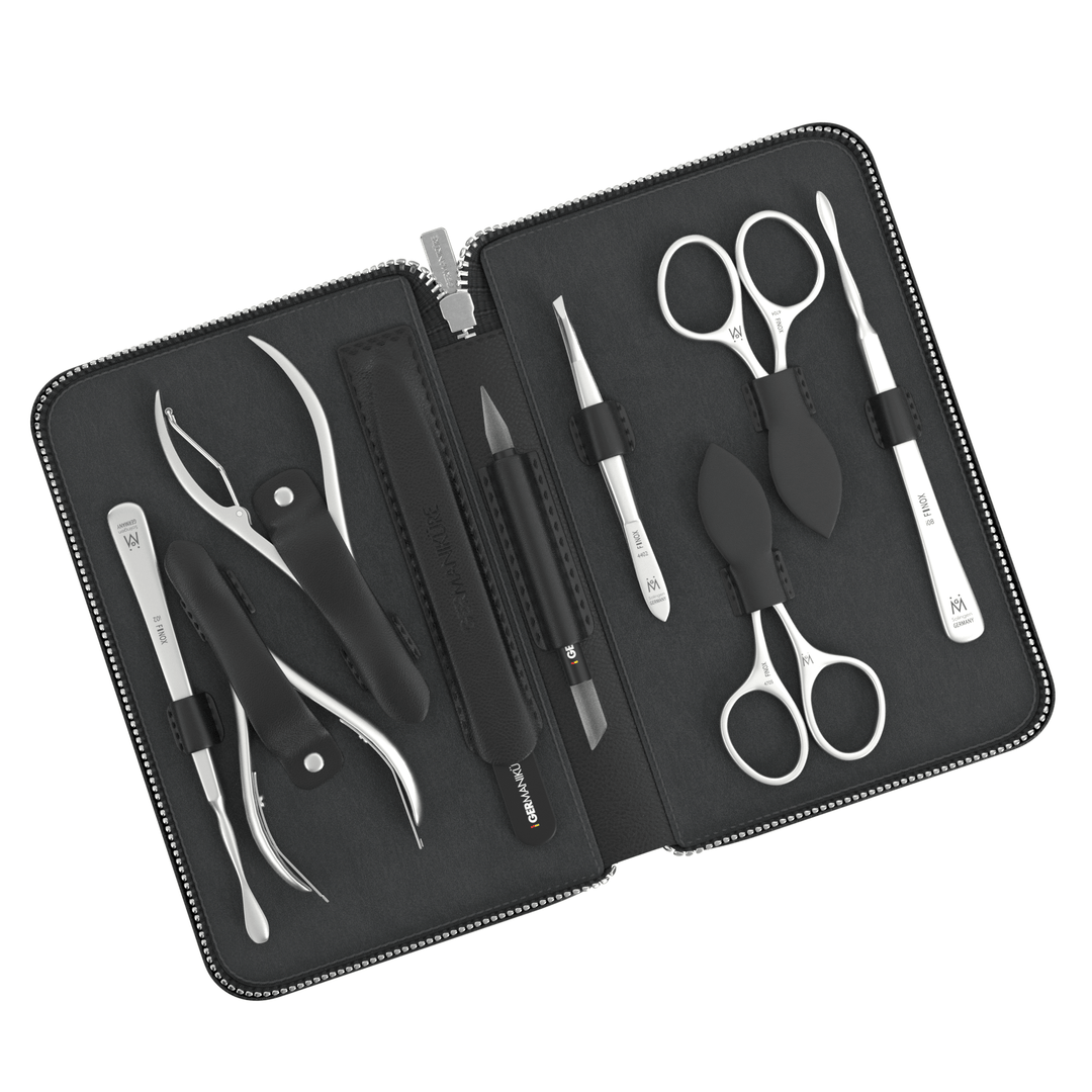 9 Piece Manicure Set in Zipper Case: 2 Scissor, 2 Nipper, Nail Cleaner, Cuticle Pusher, Glass File, Cuticle Stick, and Tweezer