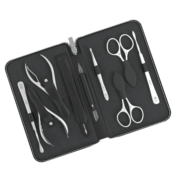 9 Piece Manicure Set in Zipper Case: 2 Scissor, 2 Nipper, Nail Cleaner, Cuticle Pusher, Glass File, Cuticle Stick, and Tweezer