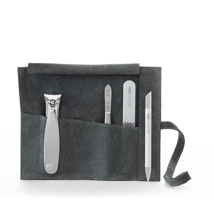 GERMANIKURE 4pc Diabetic Safe Manicure Set in Suede Case - FINOX Stainless Steel Tools Made in Solingen Germany Glass Nail Care Supplies Made in Czech Republic
