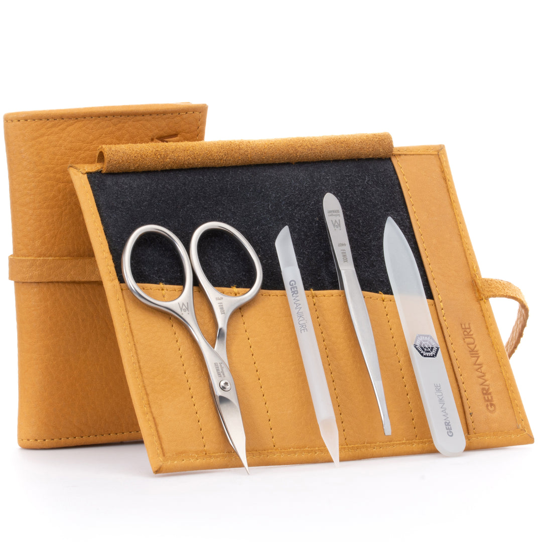 4pcs Nail Care Kit in Leather Case, FINOX® Surgical Stainless Steel: Combination Scissors, Tweezer, Glass Cuticle Stick and Nail File