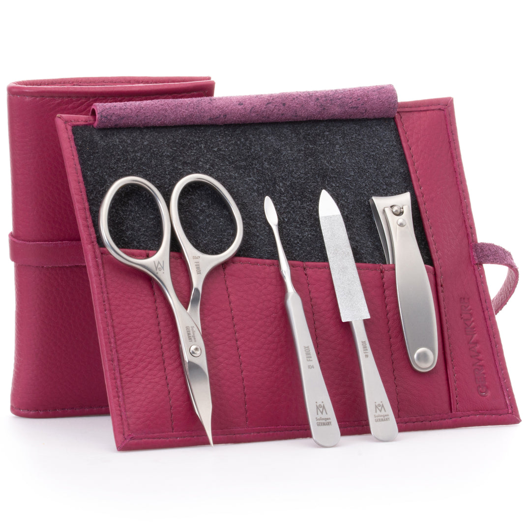 GERMANIKURE 4pc Manicure Set in Leather Case - FINOX® Stainless Steel - Combination Scissors, Nail Clipper, Nail Cleaner and Sapphire Nail File