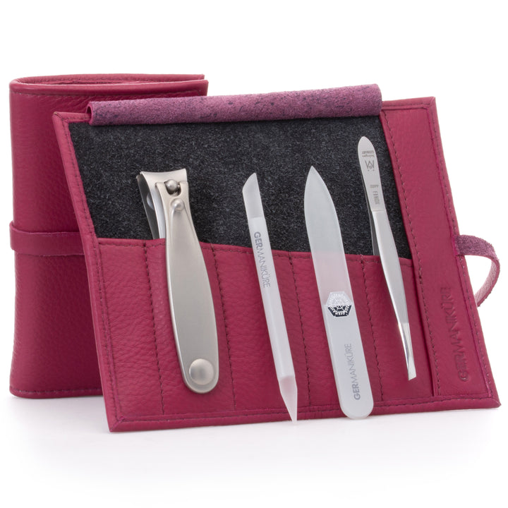 GERMANIKURE 4pc Manicure Set in Leather Case- FINOX® Stainless Steel: Toenail Clipper, Tweezer, Glass Cuticle Stick and Nail File