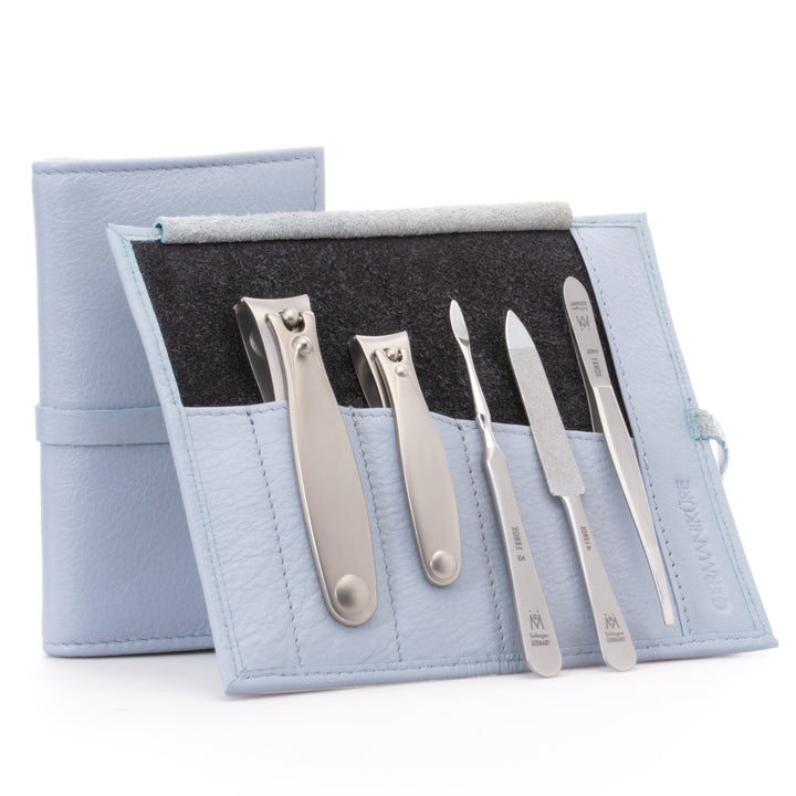 GERMANIKURE 5pc Manicure Set - FINOX® Surgical Steel: Toenail and Fingernail Clippers, Cleaner, Tweezers and Sapphire Nails File in Leather case