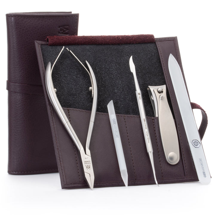 GERMANIKURE 5pc Pedicure Set in Leather Case- FINOX® with Surgical Stainless Steel: Nipper for Ingrowing Toenails and Toenail Clipper in Leather