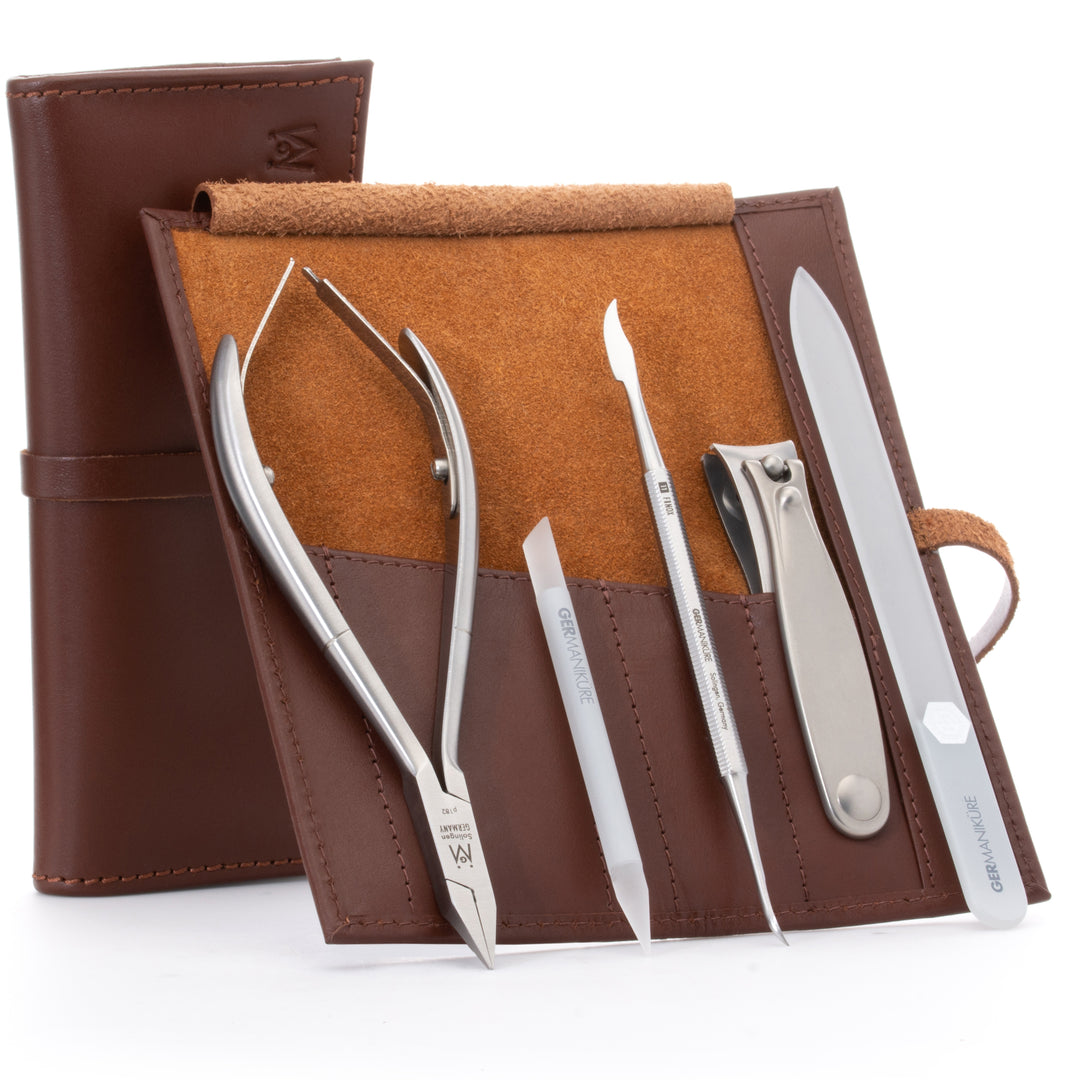 GERMANIKURE 5pc Pedicure Set in Leather Case- FINOX® with Surgical Stainless Steel: Nipper for Ingrowing Toenails and Toenail Clipper in Leather