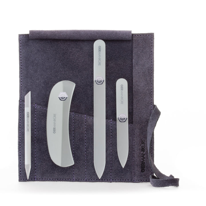 Crystal Glass Nail File Set in Suede Case, Made in Czech Republic - Nail File, Guided Moon File, Glass Cuticle Remover & Pusher
