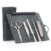 GERMANIKURE 5pc Men's Manicure Set - FINOX® Surgical Steel: Beard & Mustache Scissors, Cleaner, Sapphire Nail File, Tweezers, Toenail Clippers in Leather