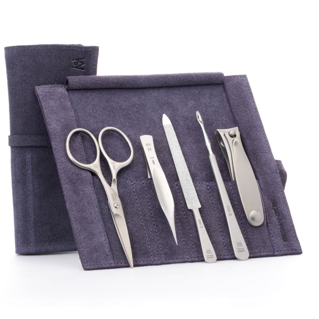 GERMANIKURE 5pc Men's Manicure Set - FINOX® Surgical Steel: Beard & Mustache Scissors, Cleaner, Sapphire Nail File, Tweezers, Toenail Clippers in Leather