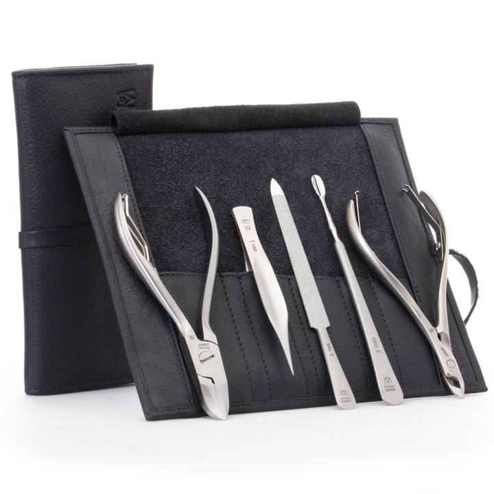 GERMANIKURE 5pc Manicure Set - FINOX® Surgical Steel: Toenail Nippers, Cuticle Nippers, Pusher, Pointed Tweezers and Sapphire Nails File in Leather
