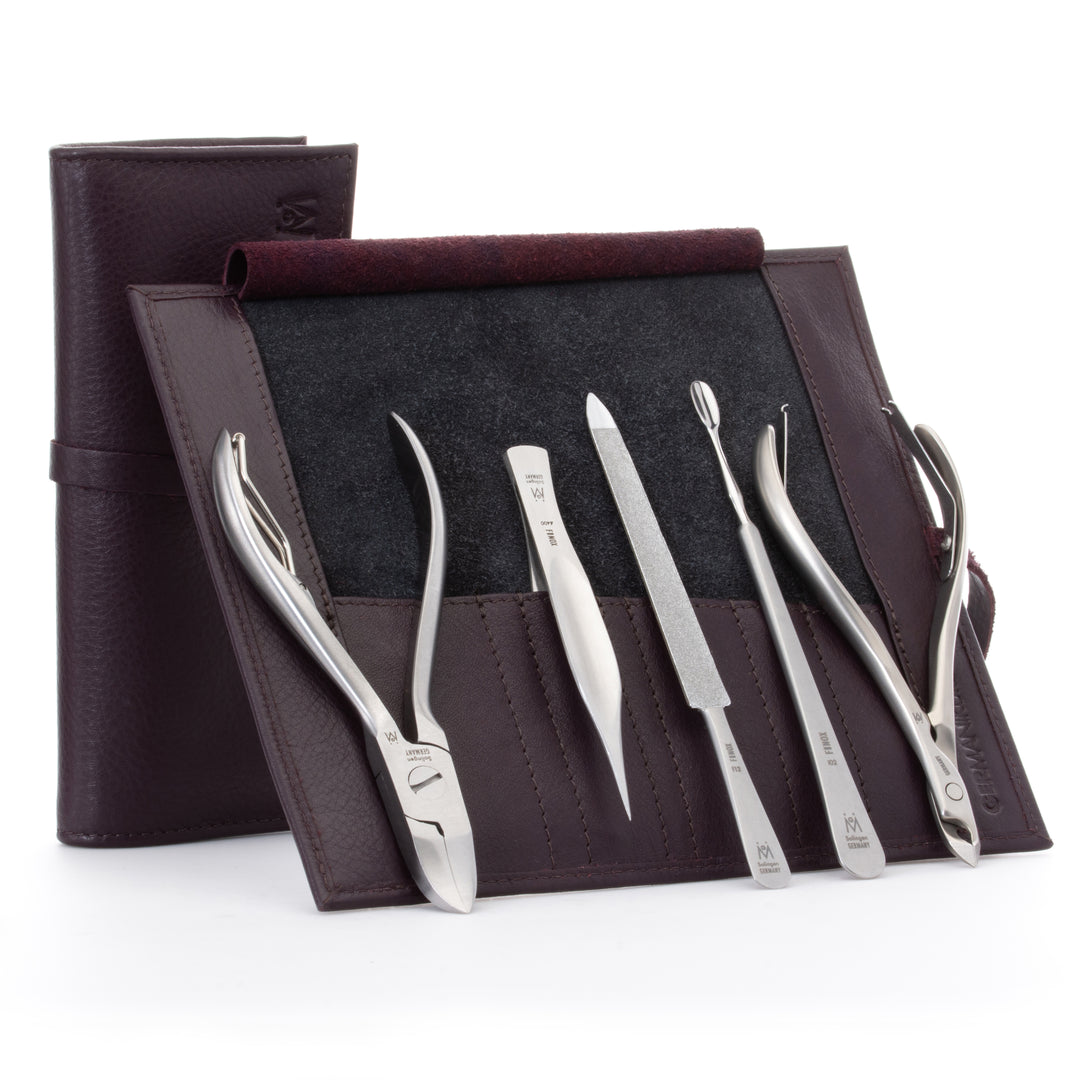 GERMANIKURE 5pc Manicure Set - FINOX® Surgical Steel: Toenail Nippers, Cuticle Nippers, Pusher, Pointed Tweezers and Sapphire Nails File in Leather